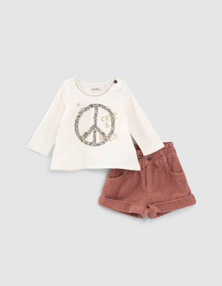 Baby girls’ ecru T-shirt and rosewood shorts outfit-1
