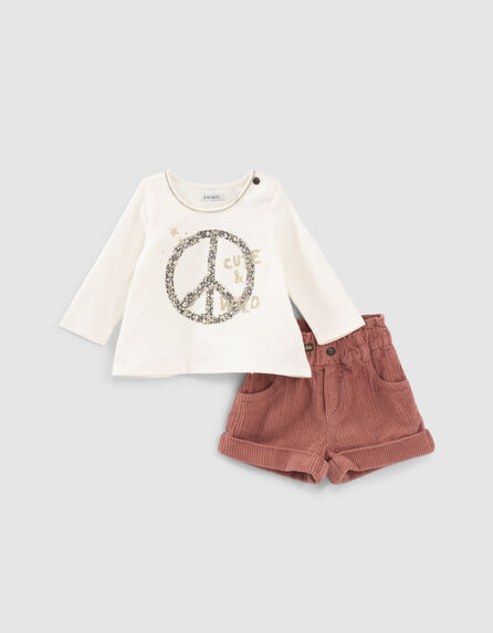 Baby girls’ ecru T-shirt and rosewood shorts outfit