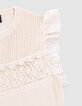 Pull écru tricot dentelle et volants brodés fille-5