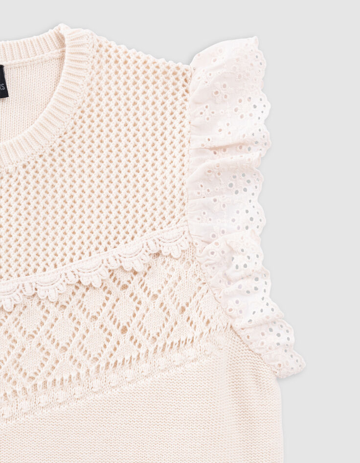 Pull écru tricot dentelle et volants brodés fille-5