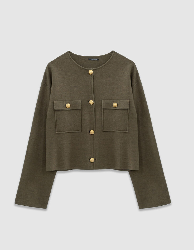 Cardigan court kaki tricot poches plaquées Femme-5