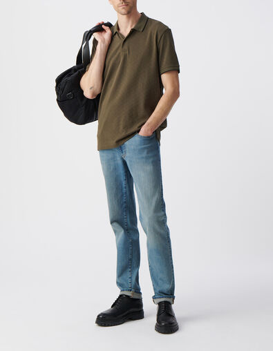 Khaki Herrenpolo, Biowolle, Jacquard-Relief, Schachbrett - IKKS