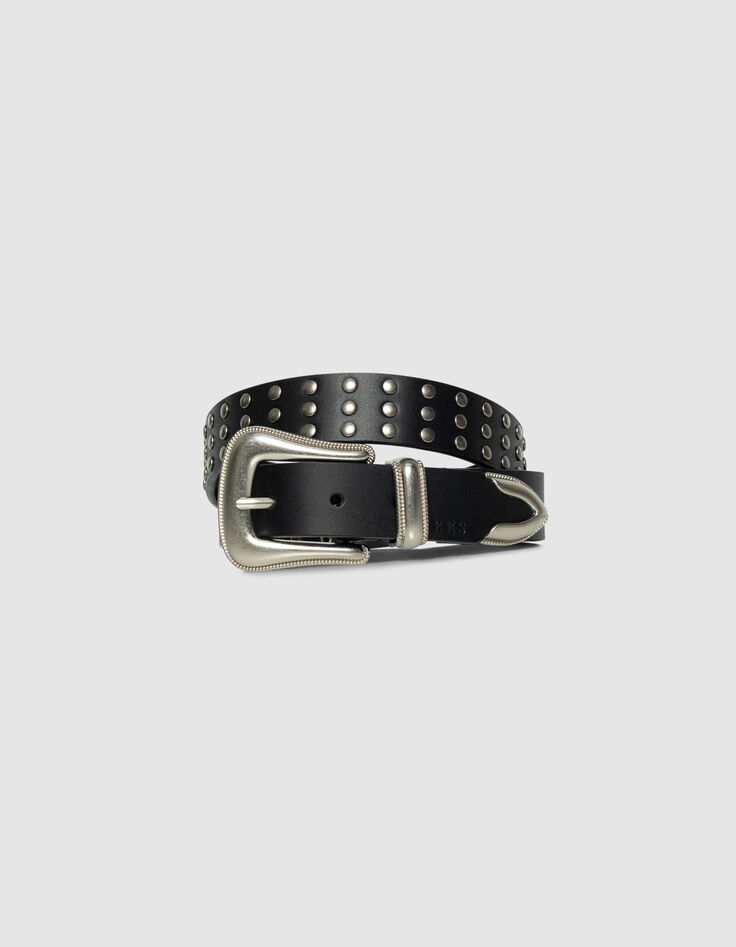 Cinturón negro cuero tachuelas hebilla western mujer-1
