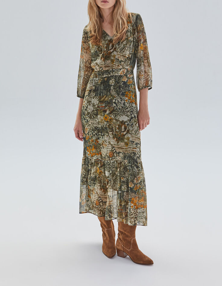 Women’s khaki landscape print long dress-1