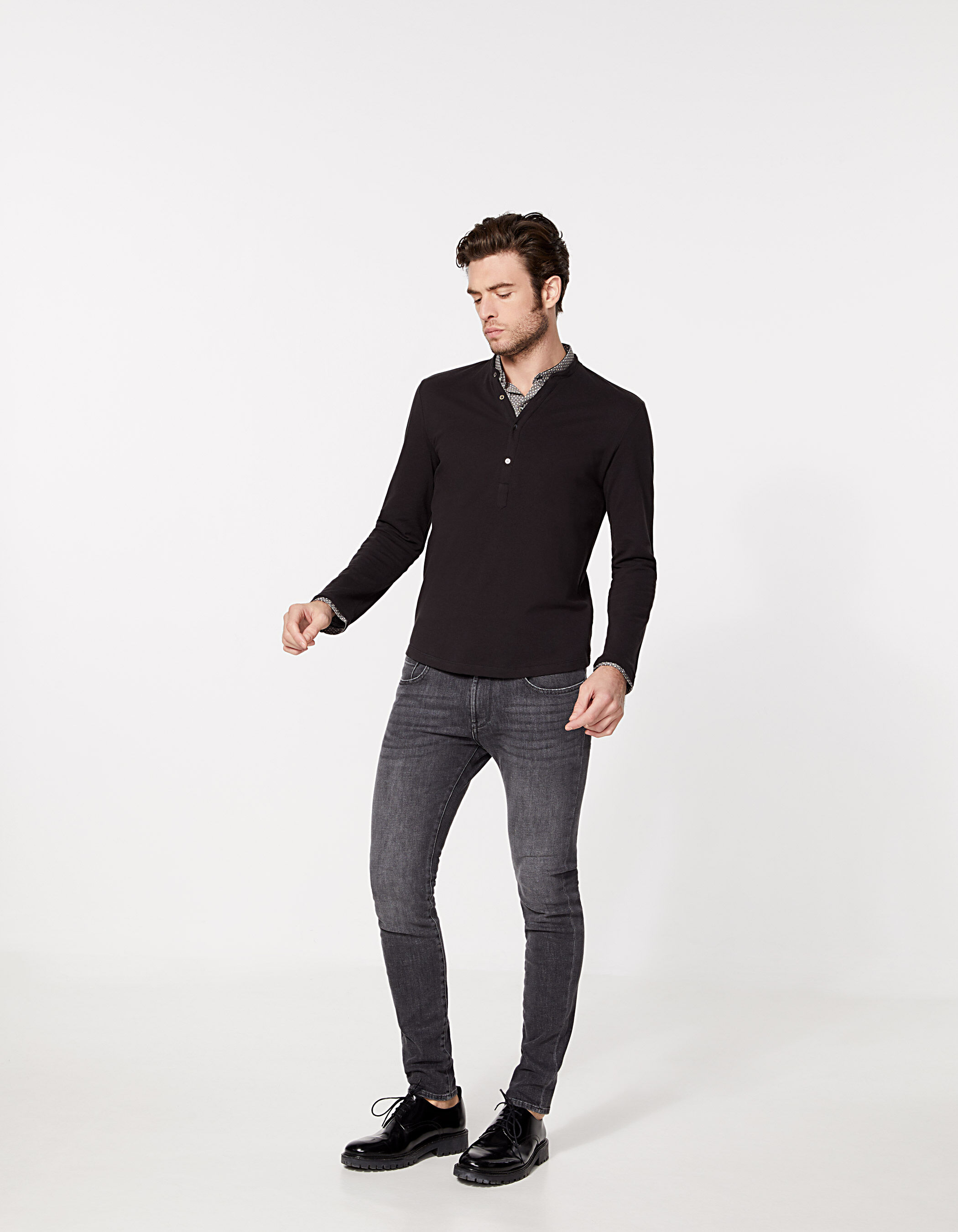 Men's black polo shirt with shirt collar trompe-l'œil Mashrabiya