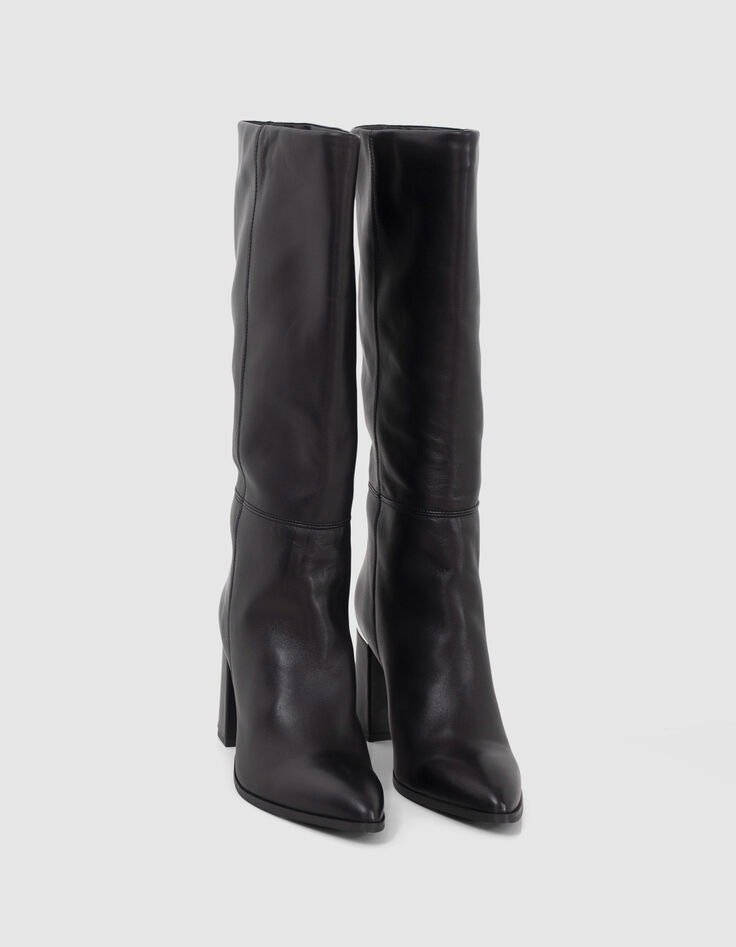 Women’s black leather heeled boots with metal bar-6