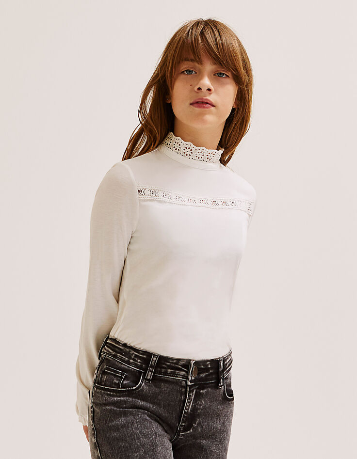 Gebroken wit T-shirt met kanten kraag meisjes -1