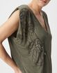 Tee-shirt col V kaki broderie tigre Femme-4