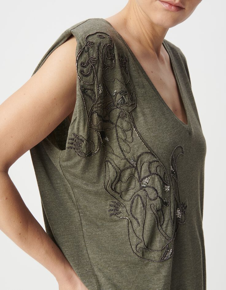 Tee-shirt col V kaki broderie tigre Femme-4