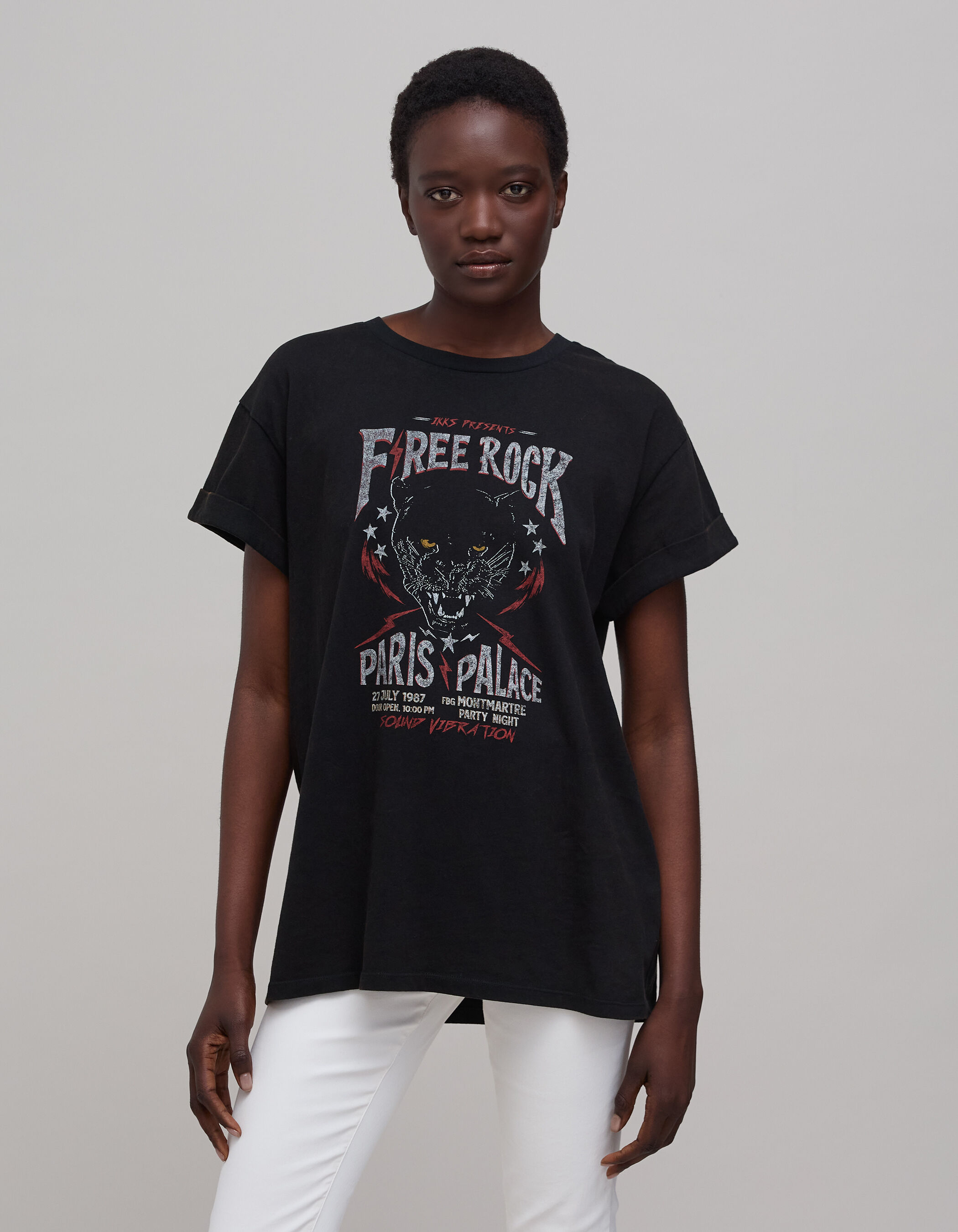 Women s black oversized visual panther tee shirt IKKS