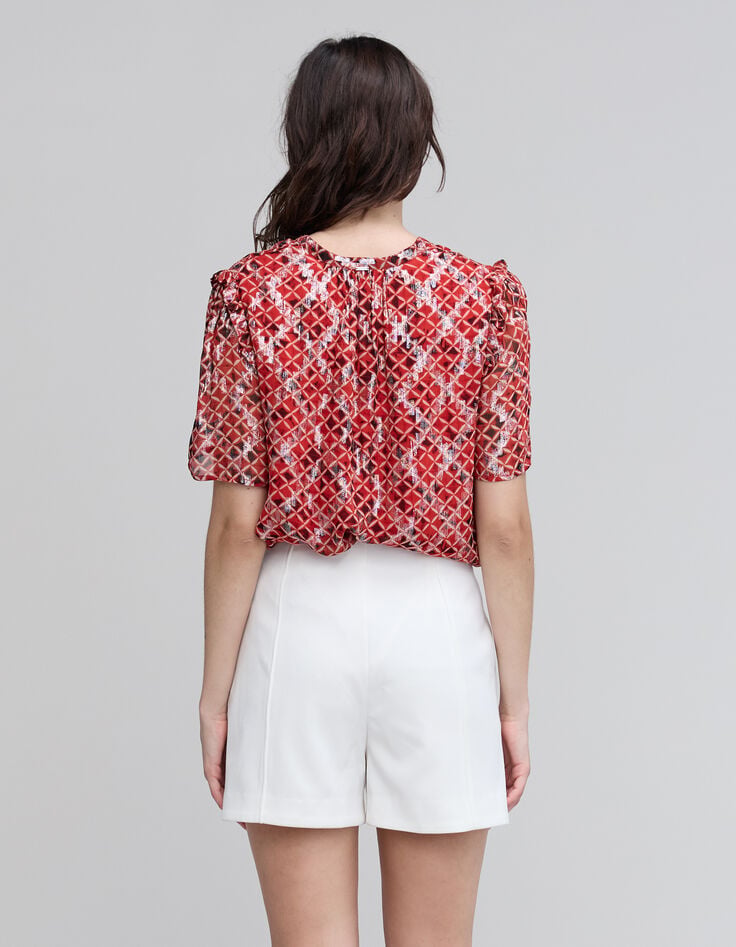 Blusa holgada de mujer en voile estampado entramado rojo-3