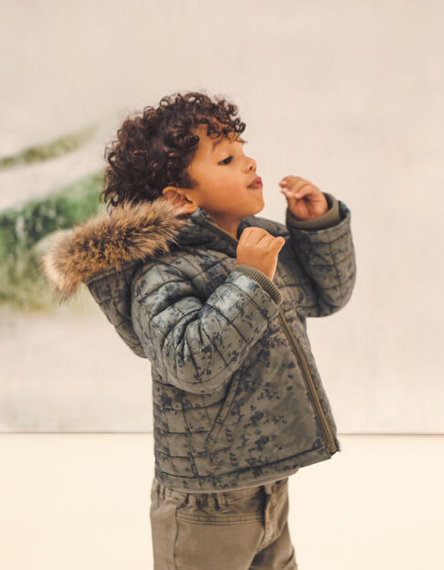 Baby boys’ khaki camouflage print fur-lined padded jacket