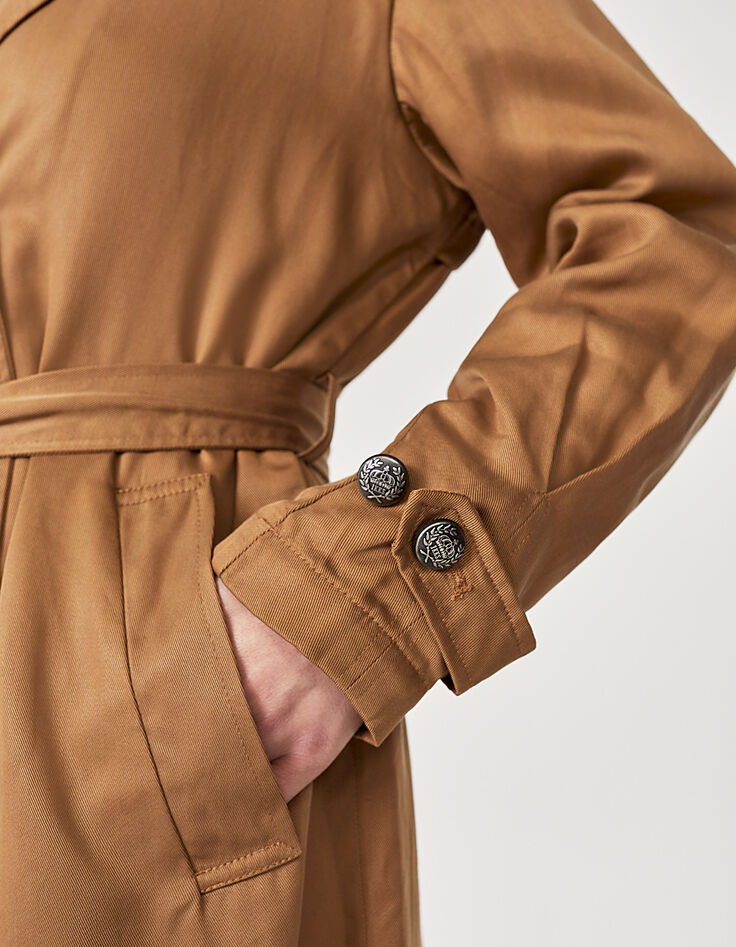 Lange beige trench in tencel afneembare ceintuur dames-4