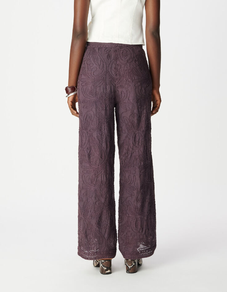 Pantalon large bordeaux motifs brod&eacute;s crochet Femme-3