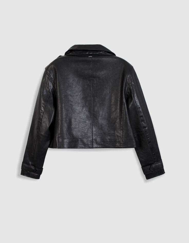 Veste cuir noir bavolet et poche biais Femme-8