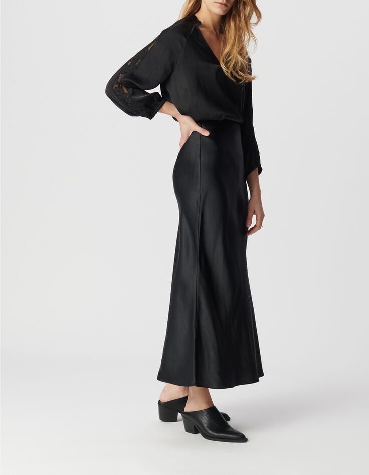 Blusa negra efecto arrugado con encaje Mujer-5