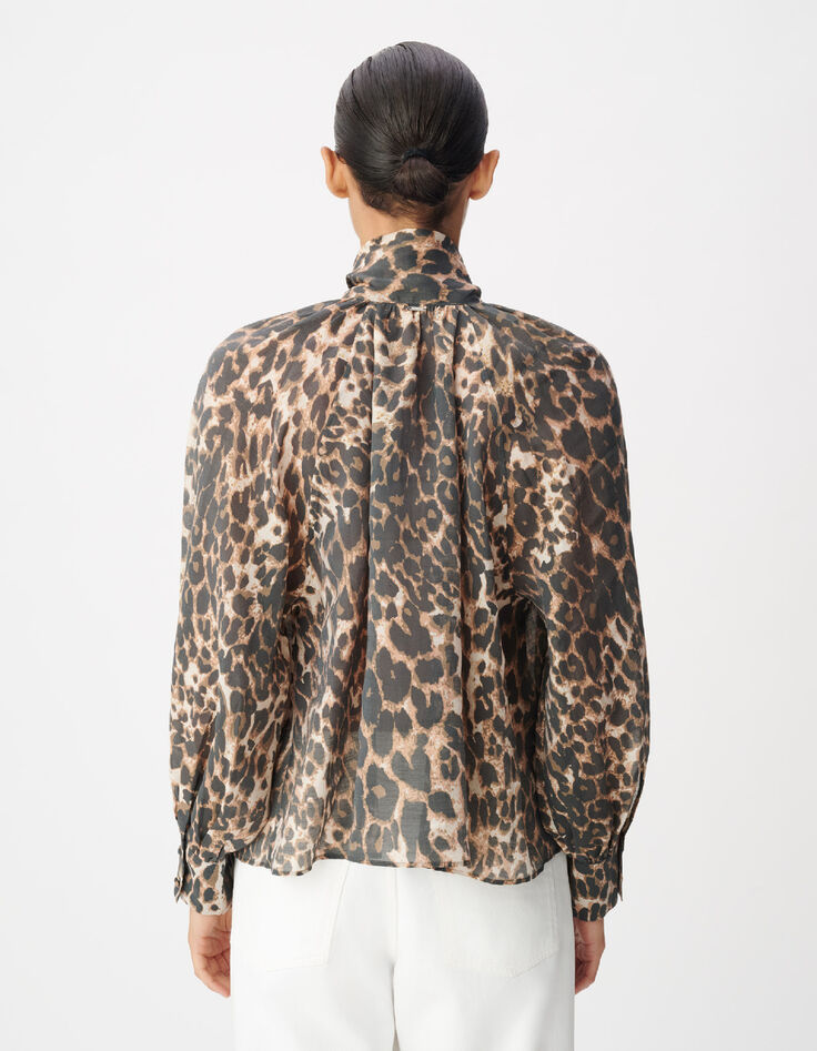 Blouse marron col lavalli&egrave;re motif l&eacute;opard Femme-3