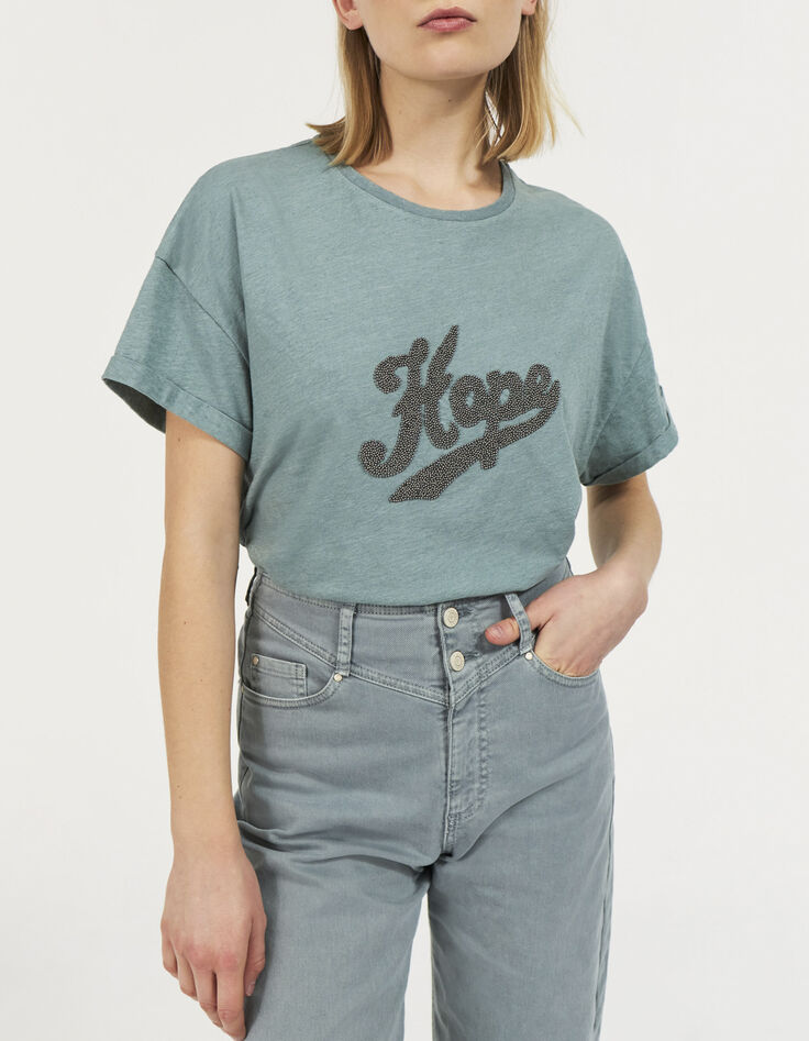 Mandelgrünes Damen-T-Shirt mit Perlenbesatz-1