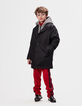 Boys’ black trench coat with check hood facing-2