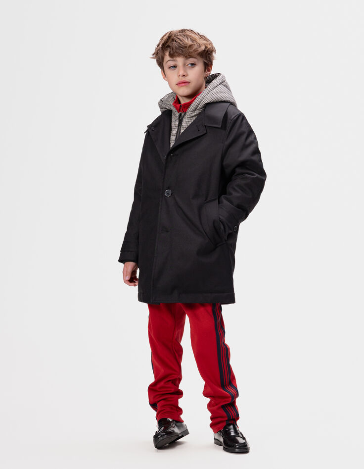 Boys’ black trench coat with check hood facing-2
