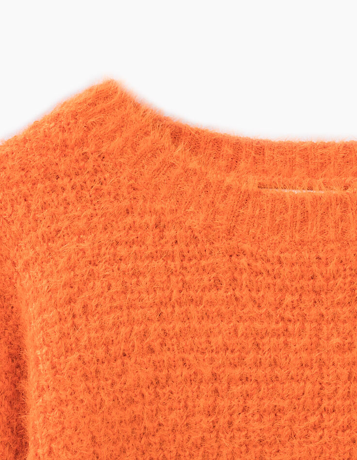 Pull orange en tricot duveteux fille-3