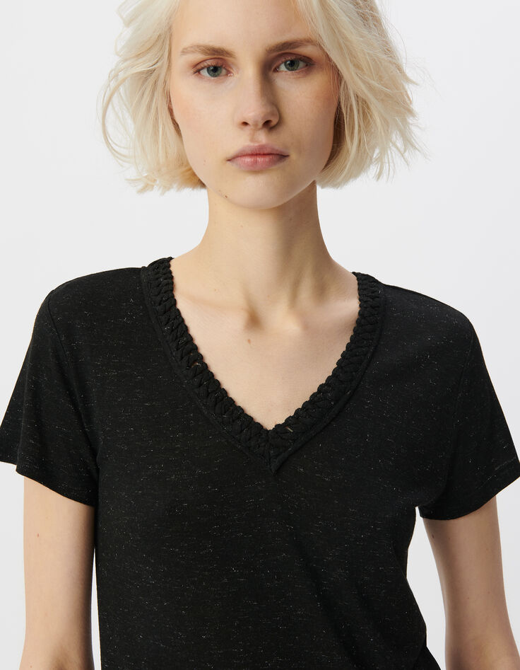 Women’s black woven lurex reversible V-neck T-shirt-4
