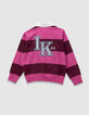 Polo rose coton bio rayures bordeaux col blanc fille-5