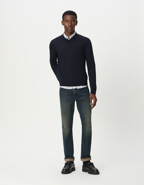 Pull en laine marine tricot fin col V Homme - IKKS