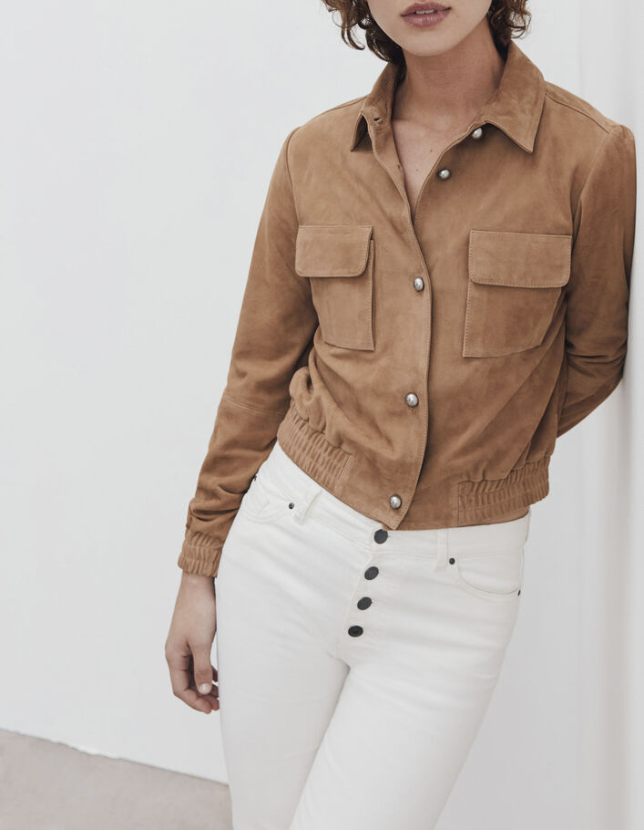 Women’s beige goatskin suede short jacket-1