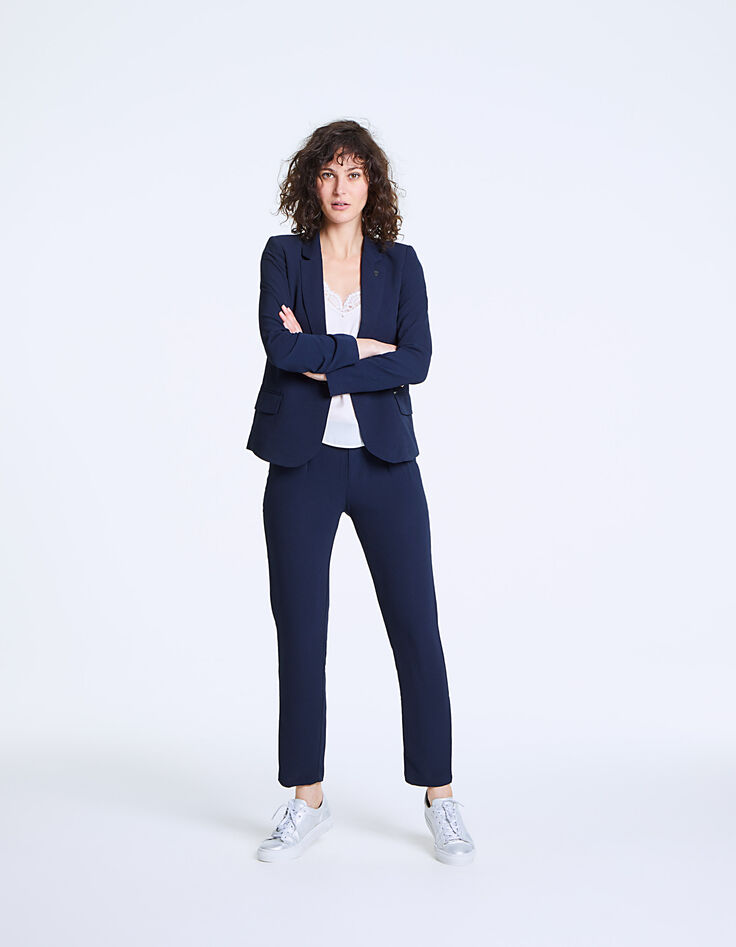 Veste tailleur mi-longue en crêpe marine femme-6