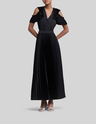 Robe longue noire recyclée plissée découpes côtés Femme - IKKS