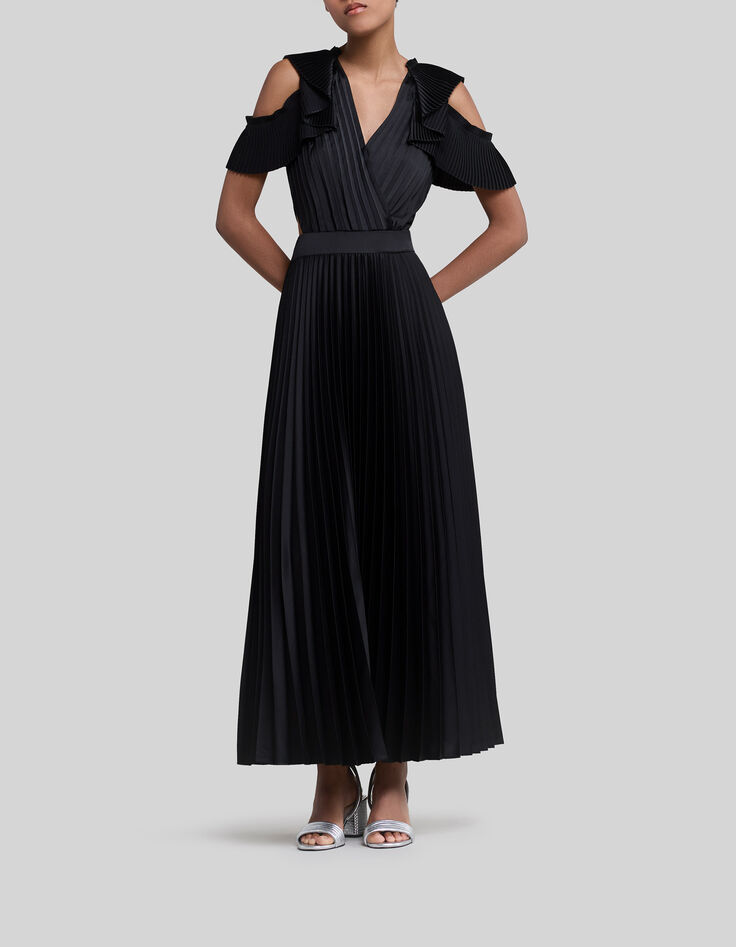 Robe longue noire recyclée plissée découpes côtés Femme-1