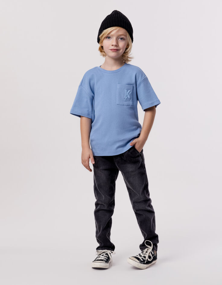Blue jacquard boy's embroidered pocket T-shirt-1