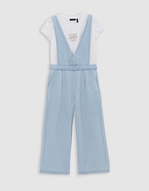Set blauwe waterless jeanstuinbroek en T-shirt meisjes - IKKS