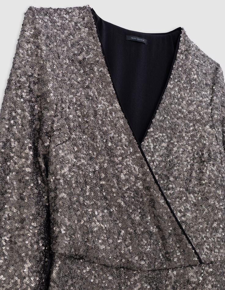 Robe portefeuille grise brod&eacute;e sequins m&eacute;tallis&eacute;s Femme-3