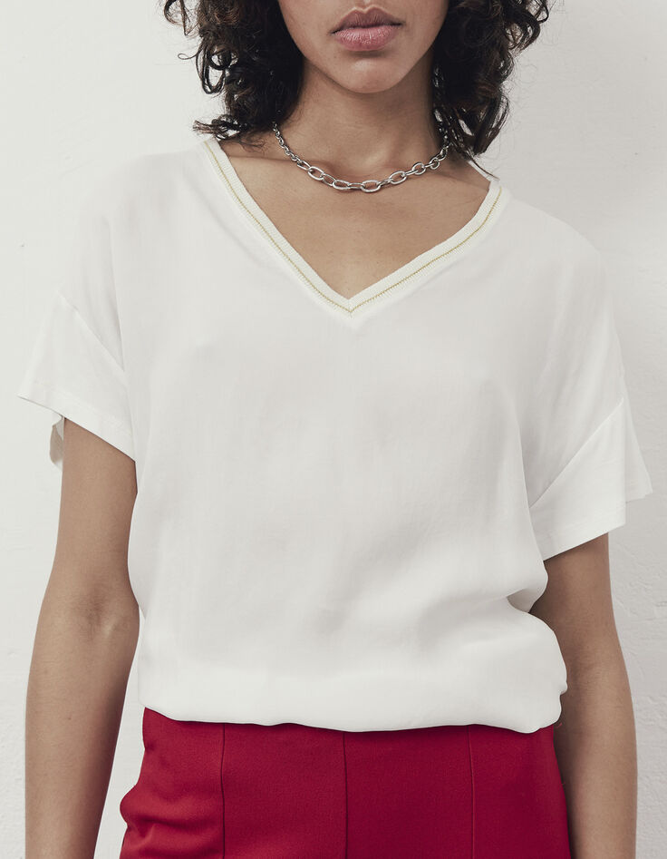 Gebroken witte top cupro en viscose gedrapeerd opzij-1
