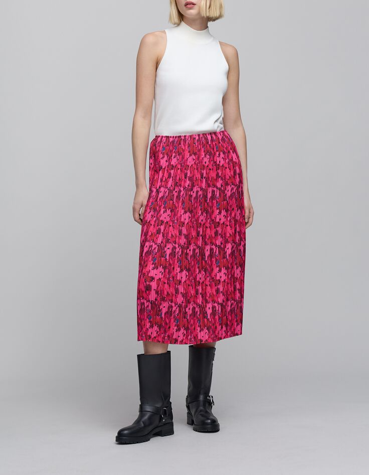 Roze plooirok met origamibloemenprint voor dames-2 Roze plooirok met origamibloemenprint voor dames-2