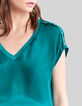 Smaragdgr&uuml;nes Damen-Satin-Top Nieten an den Schultern-4