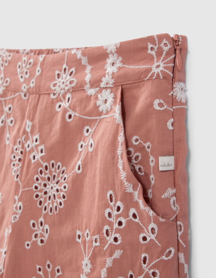 Pantalon vieux rose coton bio broderies fleurs fille-2