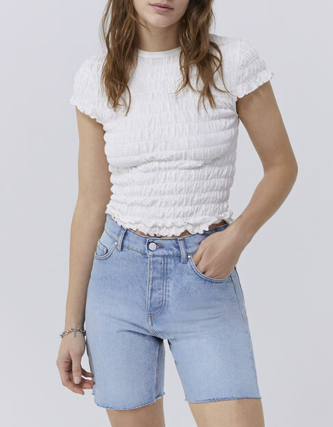 Jeansblauwe short met hoge taille en ruwe boorden Dames
