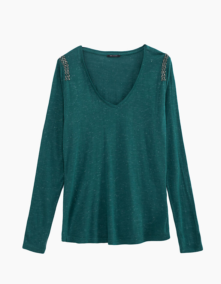 Tee-shirt col V vert maille jersey bijoux épaules femme-1