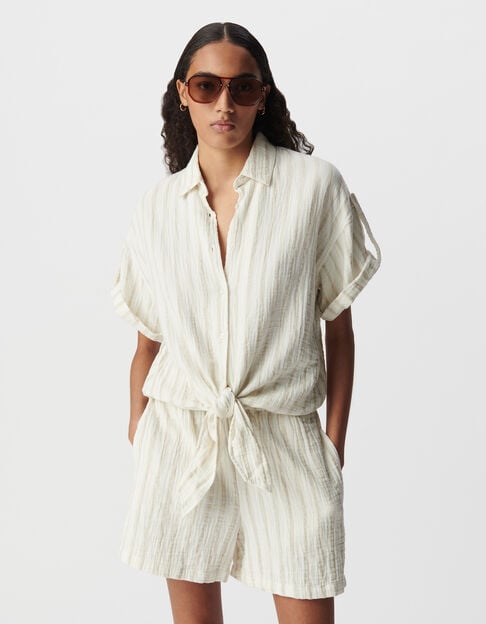 Chemise écrue gaze de coton rayures beiges Femme - IKKS