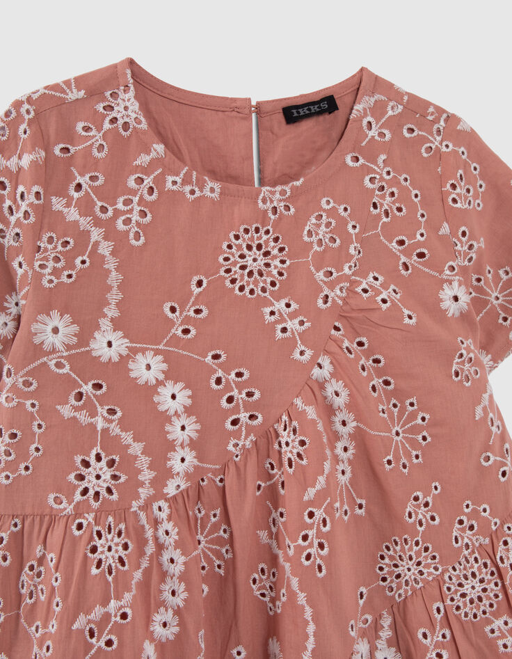 Girls’ old pink organic cotton dress, embroidered flowers-2