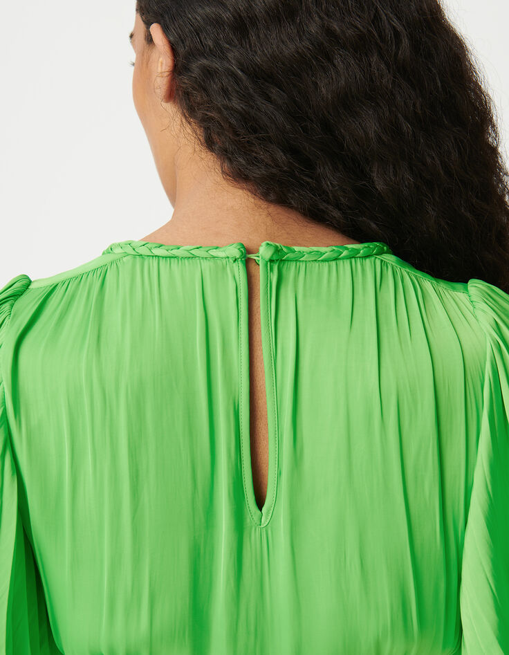 Women's green satin pleated short dress-5