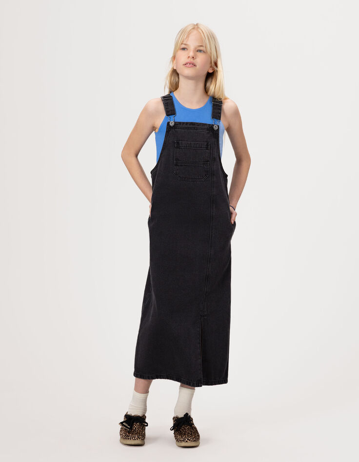 Robe-salopette midi en jean gris fendue fille-2