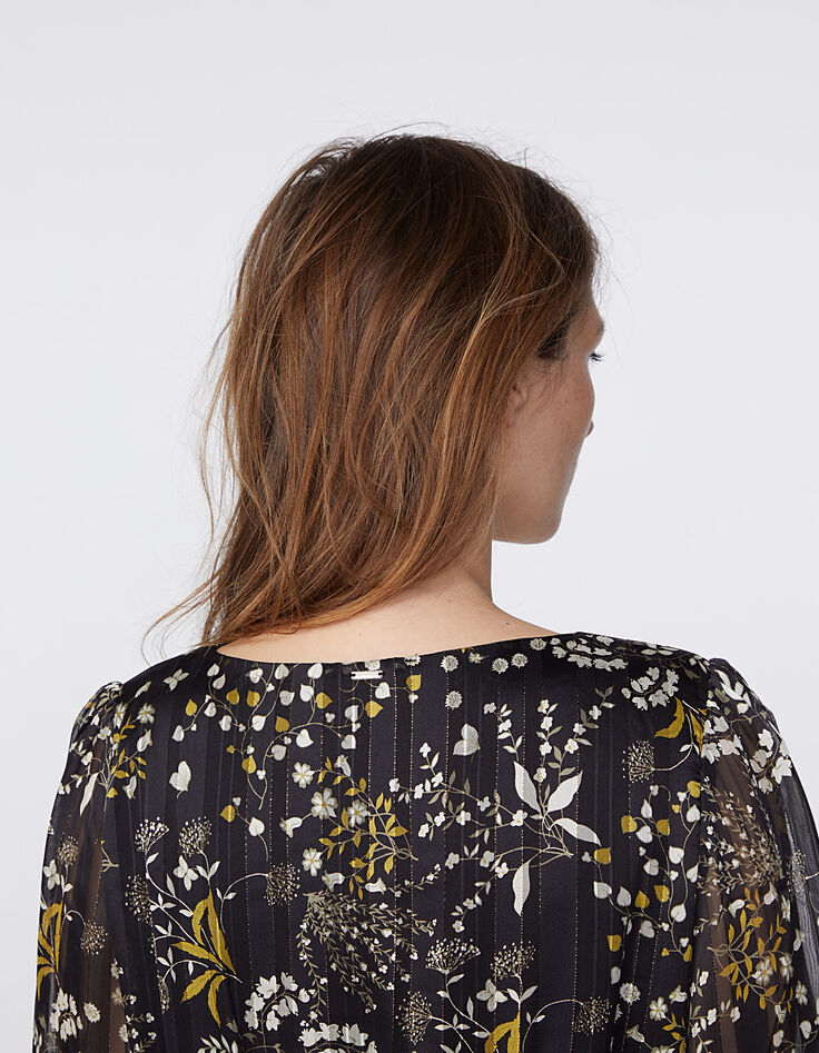 Metallic floral print voile dress with lace neckline-5