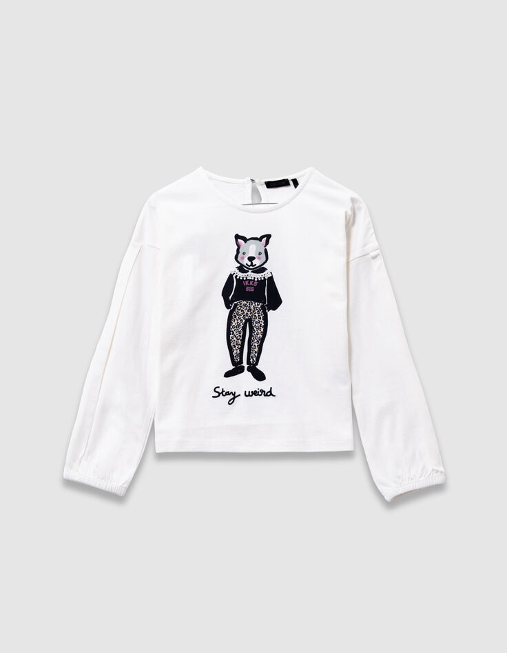 T-shirt écru coton bio lapin col dentelle 3D fille-4