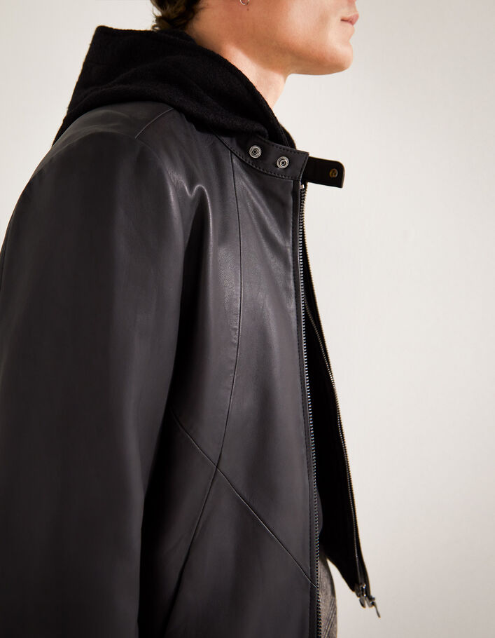 Men’s black leather jacket with seaming - IKKS