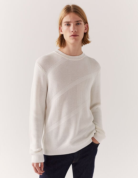 Pull off white tricot à relief Homme