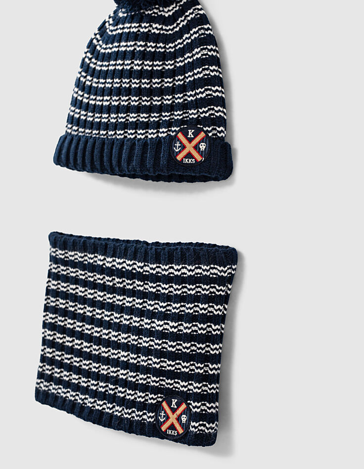 Gorro y cuello navy rayas blancas punto bebé niño -3